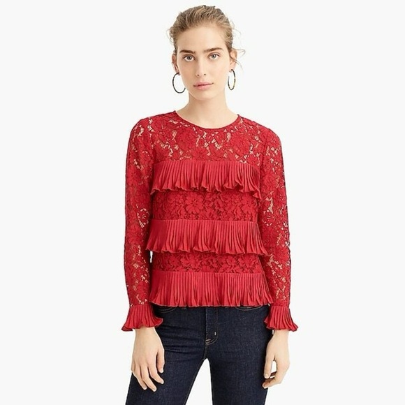 J. Crew Red Floral Lace & Pleated Ruffle Top Long Sleeve Shirt, Size 8 new - Picture 2 of 11
